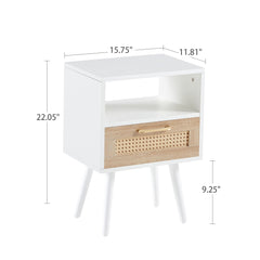 15.75" Rattan End table with drawer and solid wood legs Modern nightstand side table for living room  white