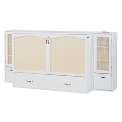 Large Murphy bed wall mounted bed with drawers, 2 storage cabinets, 1 set of sockets and USB ports, white