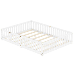 Queen Size Bed Floor Bed with Safety Guardrails and Door for Kids, White