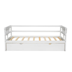 win Size Daybed with Trundle and Foldable Shelves on Both Sides White