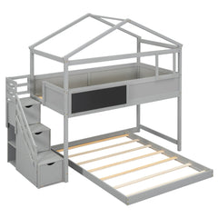 Twin over Full House Bunk Bed with Storage Staircase and Blackboard Gray