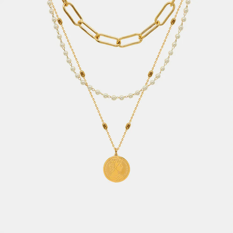 Synthetic Pearl Titanium Steel Three-Layered Necklace