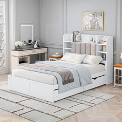 Multi-functional Full Size Bed Frame with 4 Under-bed Portable Storage Drawers and Multi-tier Bedside Storage Shelves White