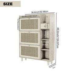 Natural Bohemian style shoe cabinet with 3 rattan flip drawers, 3 square shelves, and 1 storage drawer,  Natural