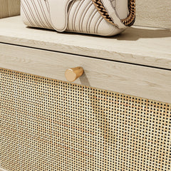 Natural Bohemian style shoe cabinet with 3 rattan flip drawers, 3 square shelves, and 1 storage drawer,  Natural