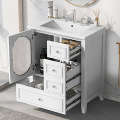 30" Bathroom Vanity with Sink, Bathroom Vanity Cabinet with Three Drawers and Door, Solid Wood and MDF, White