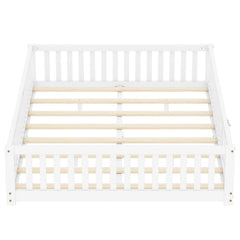 Queen Size Bed Floor Bed with Safety Guardrails and Door for Kids, White