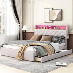 Queen Size Upholstered Platform Bed with Storage Headboard  LED  USB Charging and 2 Drawers  Beige