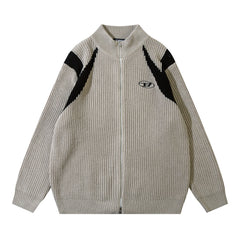 Color Block Zipper Cardigan Sweater Men's Autumn Street Style Stand Collar Long Sleeve Loose Knitwear