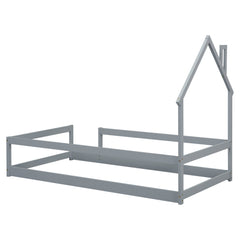 Twin Size Wood bed with House-shaped Headboard Floor bed with Fences,Grey
