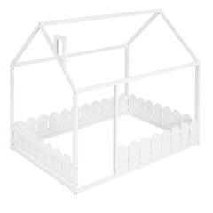 (Slats are not included) Full Size Wood Bed House Bed Frame with Fence for Kids Teens Girls Boys (White )