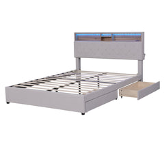 Queen Size Upholstered Platform Bed with Storage Headboard  LED  USB Charging and 2 Drawers  Beige