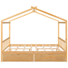 Full Size House Platform Bed with Two Drawers,Headboard and Footboard Roof Design Natural