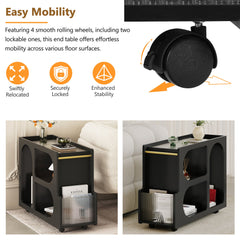 Stylish mobile desk with lockable wheels,bedside table with 5mm thick grooved tempered glass and gold round bars ，black
