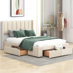 Full Size Upholstered Platform Bed with One Large Drawer in the Footboard and Drawer on Each Side Beige