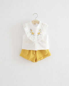 INS Children's Clothing Girls Embroidered Flowers Ruffled Lace Sleeveless Shirt Two-Color Shorts Set