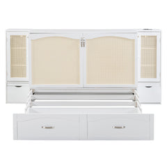 Large Murphy bed wall mounted bed with drawers, 2 storage cabinets, 1 set of sockets and USB ports, white