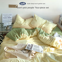 Solid Color Simple Four-Piece Set Flannel Quilt Cover INS Style Quilt Cover Dormitory Summer Washed Cotton Bedding Three-Piece Set