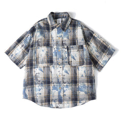 Tie dye printed plaid wide cut shirt
