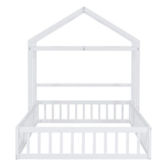 Wooden Full Size Children's Bed with Detachable Headboard and Integrated Clothes Drying Rack, White