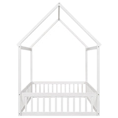 Full Size Wood House Bed with Fence and Door White Wash