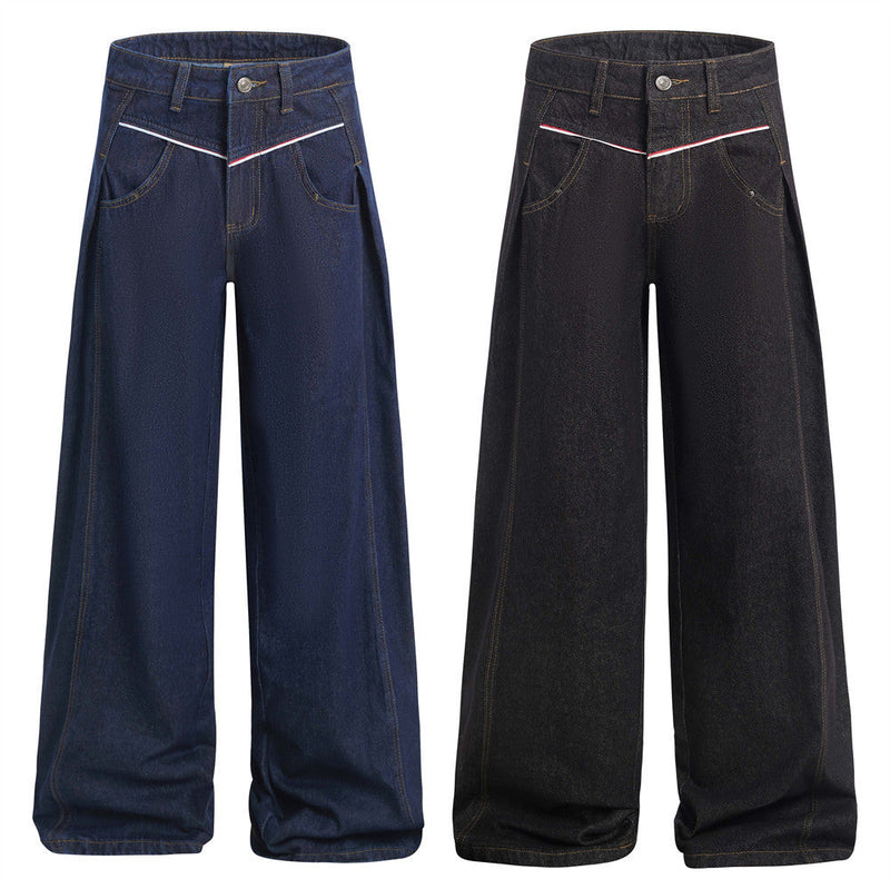 American High Street Design Denim Wide Leg Long Pants Men's Vibe Trendy Side Pleated Loose Casual Trousers