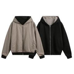 Double-sided Wear Hooded Cardigan Unisex Spring and Autumn Casual Loose Fit Plaid Short Jacket Two-Way Wearing
