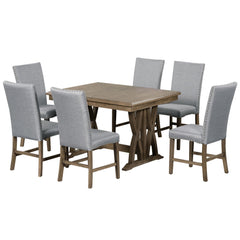 TOPMAX Mid Century Solid Wood 7-Piece Expandable Dining Table Set with Soft Cushioned Chair, Gold Brown+Gray Cushions