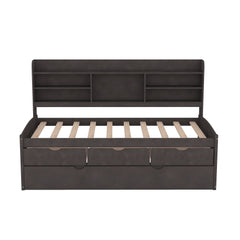 Twin Size Wooden Captain Bed with Built-in Bookshelves,Three Storage Drawers and Trundle,Antique Gray