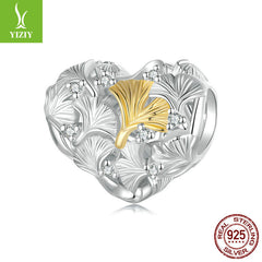 Silver Charm Ginkgo Leaf Splicing Love DIY Bracelet Beads Loose Beads Romantic Autumn Leaves s925 Pure Silver Beads