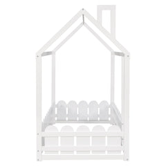 {Slats are not included}Twin Size Wood Bed House Bed Frame with Fence for KidsTeens Girls Boys {White}