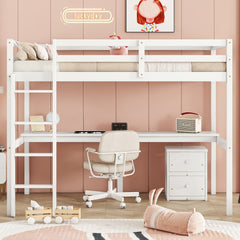 Twin Loft Wood Bed with Under-bed, Built-in Desk, a Storage Cabinet of 2 Drawers, Guardrails, Ladder,White