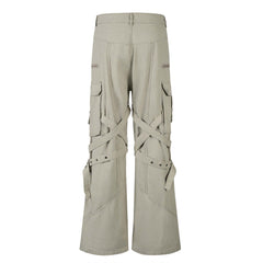 High Street Style Multi-Pocket Workwear Flared Trousers with Belt Design for Men