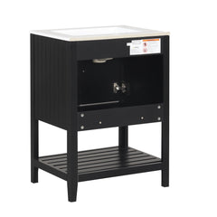 24" Black Modern Sleek Bathroom Vanity Elegant Ceramic Sink with Solid Wood Frame Open Style Shelf
