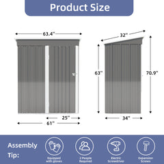 5 * 3FT outdoor storage shed, tool shed with sloping roof and lockable door, backyard garden metal shed, courtyard lawn, gray