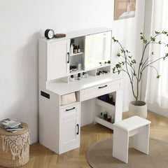 Vanity table with large sliding lighted mirror dressing table with 2 drawers storage shelves and upholstered stool white color