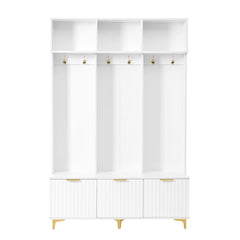 Large storage hall tree with bench, multifunctional storage platform, luxury clothes hanger equipped with 6 gold hooks