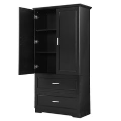 Tall Bathroom Storage Cabinet, Cabinet with Two Doors and Drawers, Adjustable Shelf, MDF Board, Black