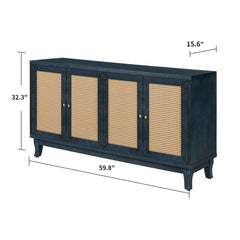 Handcrafted Premium Grain Panels Rattan Sideboard Buffer Cabinet Accent Storage Cabinet With 4 Rattan Doors BLUE