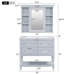 36'' Bathroom Vanity with Medicine Cabinet, Modern Mirror Cabinet with Adjustable Shelf, Bathroom Storage Cabinet with 4 Drawers