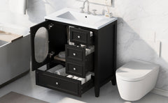 30" Bathroom Vanity with Sink, Bathroom Vanity Cabinet with Three Drawers and Door, Solid Wood and MDF, Black