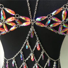 Queen Bling Metal Tassel Details Tank Tops Festival Rave Clothing Summer Sexy Backless Rave Body Chain Beach Tops