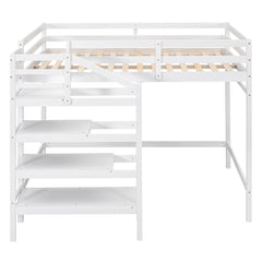 Full Size Loft Bed with Built-in Storage Staircase and Hanger for Clothes  White