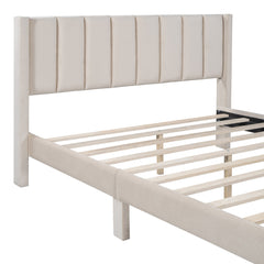 Queen Size Storage Bed Velvet Upholstered Platform Bed with a Big Drawer - Beige