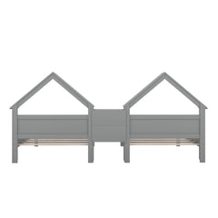 Double Twin Size Platform Bed with House-shaped Headboard and a Built-in Nightstand  Grey