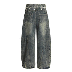 Punk Retro Washed Distressed Denim Wide-Leg Pants Men's Trendy Unique Design Loose Fit Flared Trousers