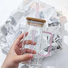Square colored handle cup glass straw cup with lid milk tea cup with large capacity