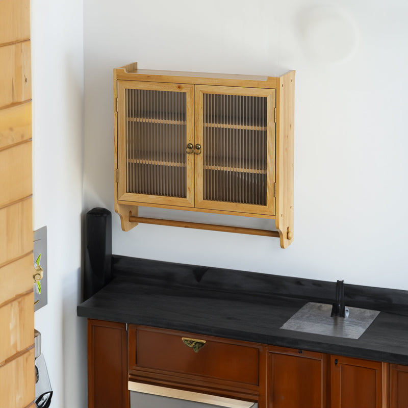 24.8 '' Glass door retro double door wall cabinet with three levels of storage space with towel rack, original wood color