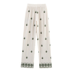 Elastic Waist Tied Embroidered Wide Leg Pants for WomenStyle Fashion Casual