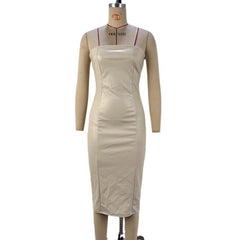 Women's Solid Color PU Leather Sexy Strapless Waist-Cinching Bodycon Dress